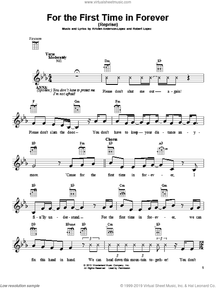 For The First Time In Forever (Reprise) (from Frozen) sheet music for ukulele by Robert Lopez, Kristen Bell, Idina Menzel and Kristen Anderson-Lopez, intermediate skill level