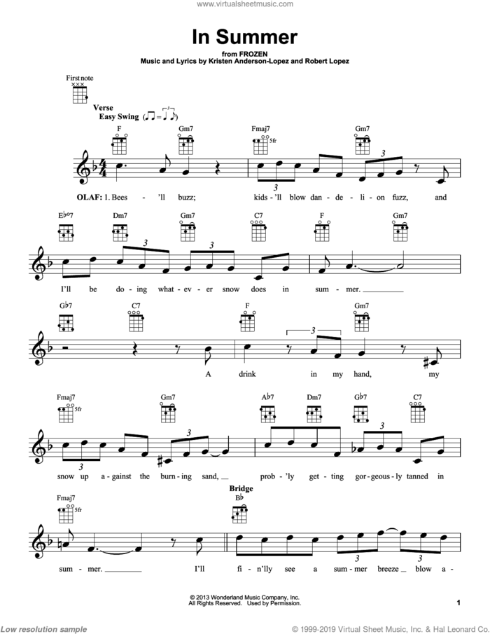 In Summer (from Frozen) sheet music for ukulele by Josh Gad, Kristen Anderson-Lopez and Robert Lopez, intermediate skill level