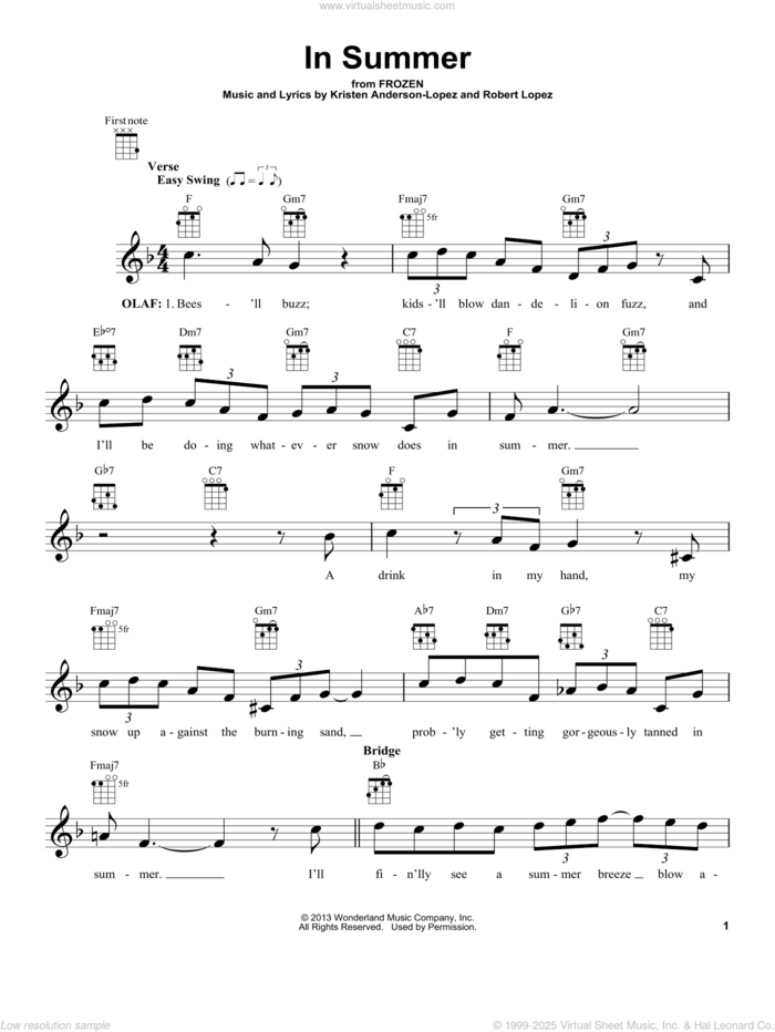 In Summer (from Frozen) sheet music for ukulele by Josh Gad, Kristen Anderson-Lopez and Robert Lopez, intermediate skill level