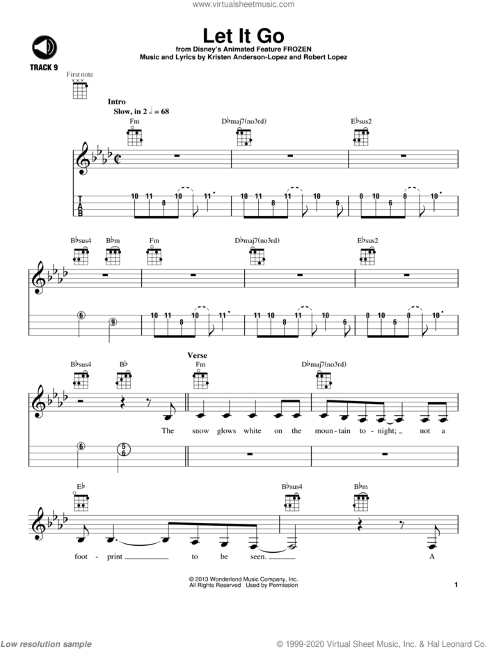 Let It Go (from Frozen) sheet music for ukulele by Idina Menzel, Kristen Anderson-Lopez and Robert Lopez, intermediate skill level