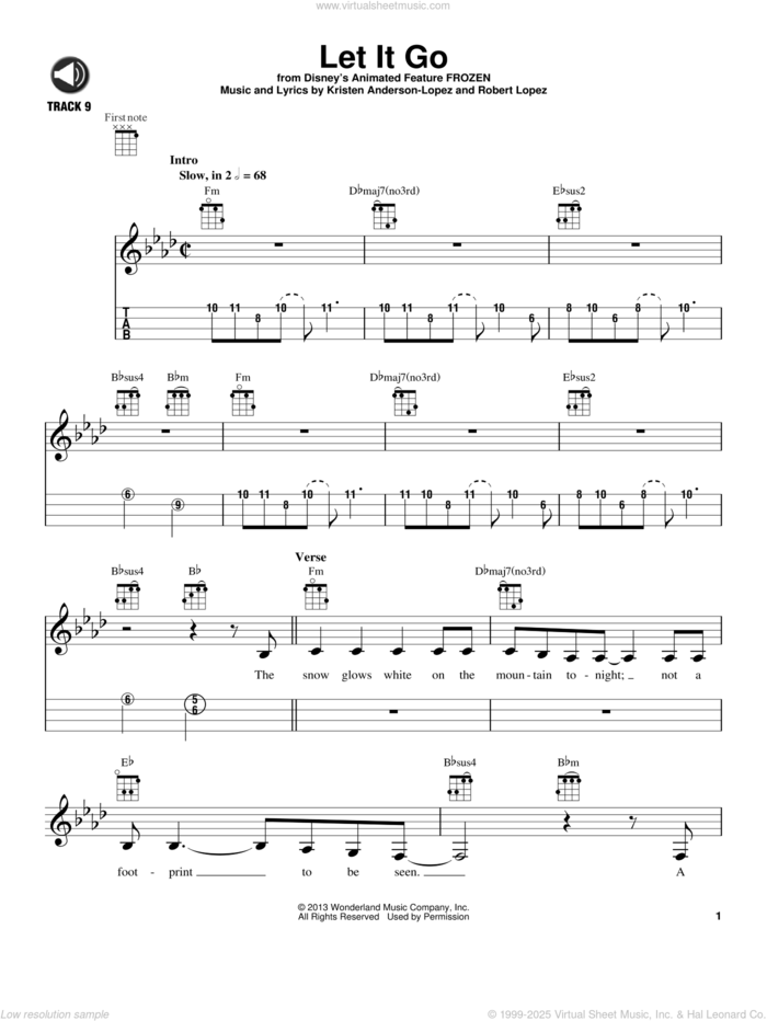 Let It Go (from Frozen) sheet music for ukulele by Idina Menzel, Kristen Anderson-Lopez and Robert Lopez, intermediate skill level