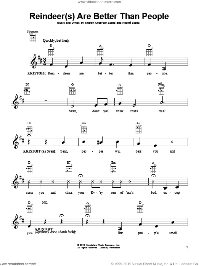 Reindeer(s) Are Better Than People (from Disney's Frozen) sheet music for ukulele by Jonathan Groff, Kristen Anderson-Lopez and Robert Lopez, intermediate skill level