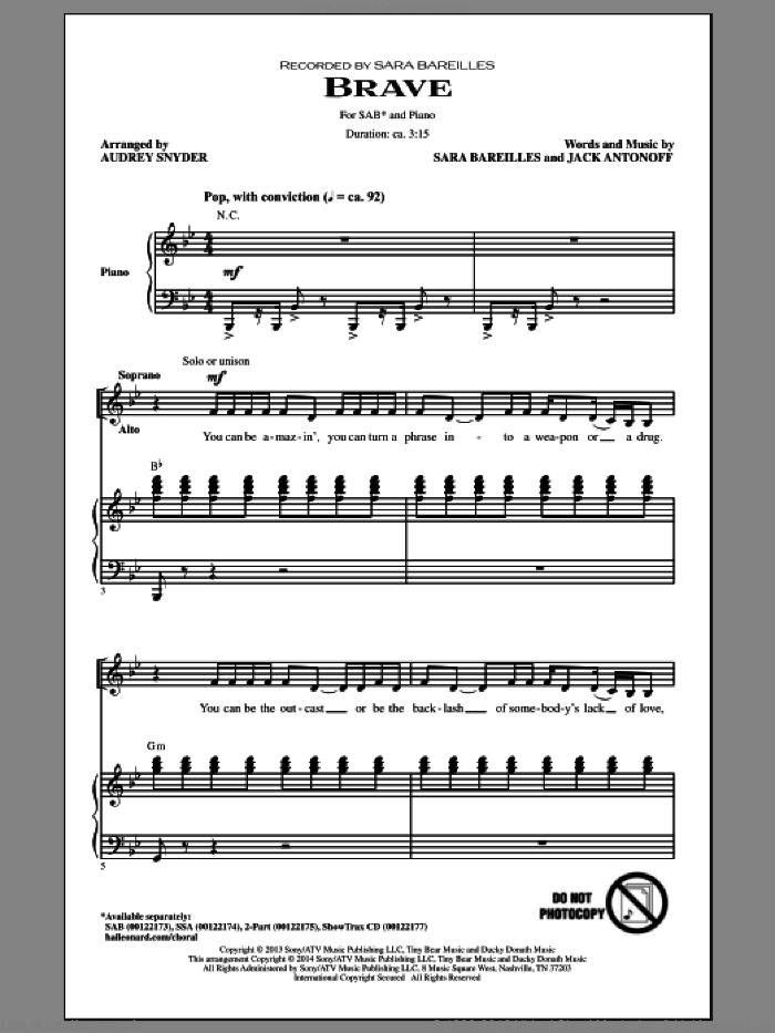 Brave (arr. Audrey Snyder) sheet music for choir (SAB: soprano, alto, bass) by Audrey Snyder, Jack Antonoff and Sara Bareilles, intermediate skill level