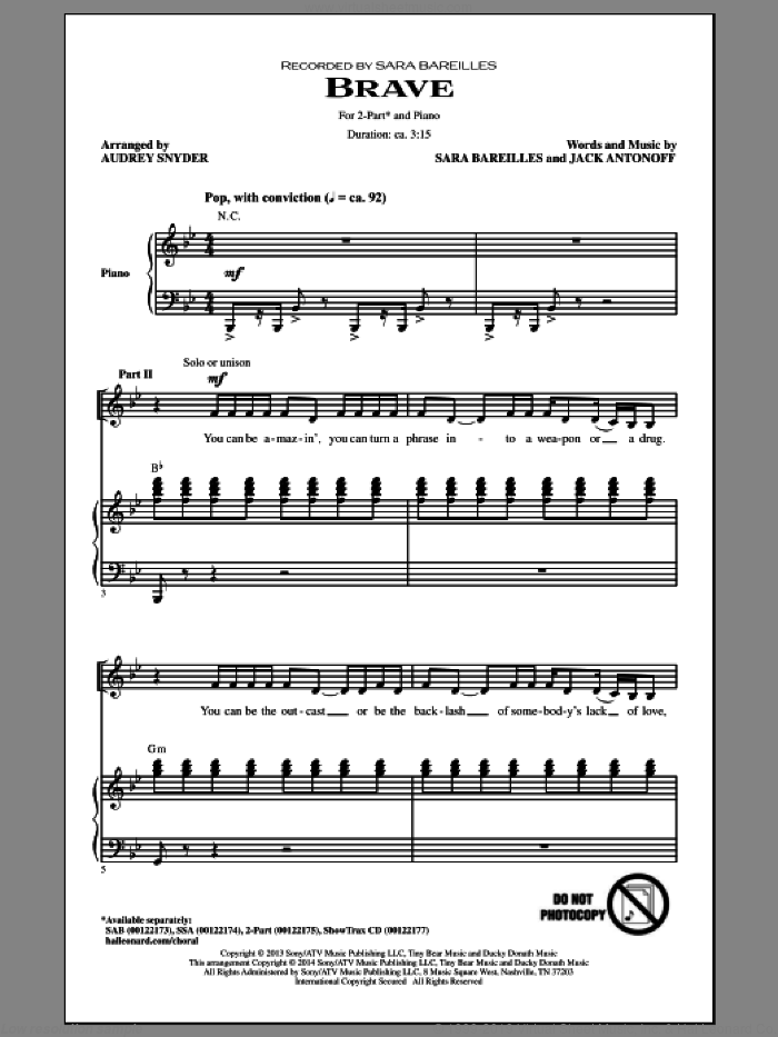 Brave (arr. Audrey Snyder) sheet music for choir (2-Part) by Audrey Snyder, Jack Antonoff and Sara Bareilles, intermediate duet