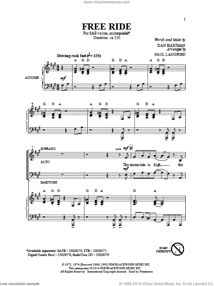 Free Ride sheet music for choir (SAB: soprano, alto, bass) by Paul Langford, Dan Hartman and Edgar Winter Group, intermediate skill level
