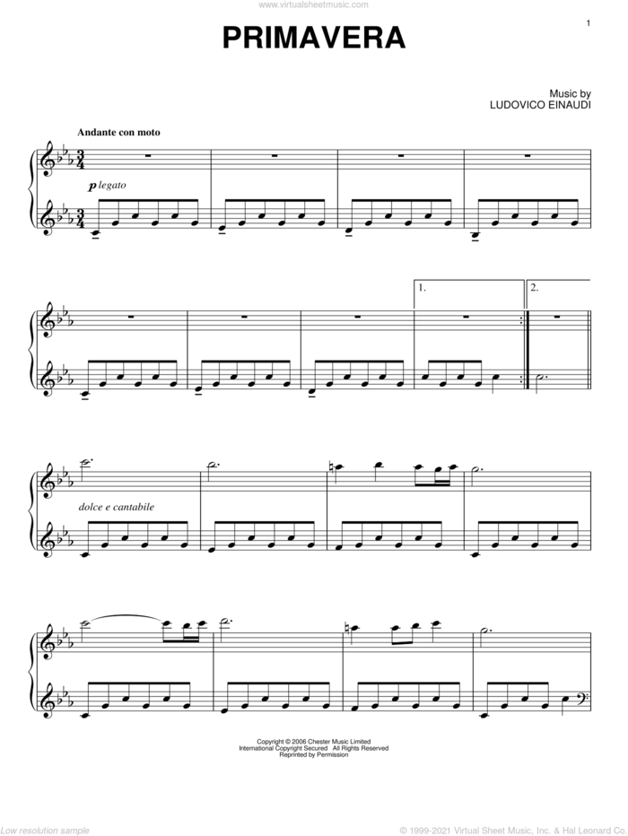 Primavera, (intermediate) sheet music for piano solo by Ludovico Einaudi, classical score, intermediate skill level