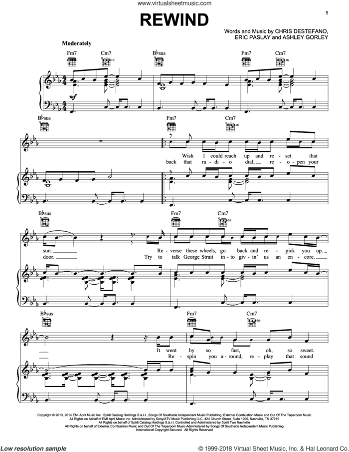 Rewind sheet music for voice, piano or guitar by Rascal Flatts, Ashley Gorley, Chris Destefano and Eric Paslay, intermediate skill level