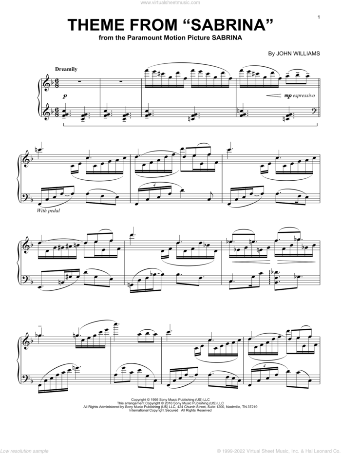 Theme From 'Sabrina' sheet music for piano solo by John Williams, intermediate skill level