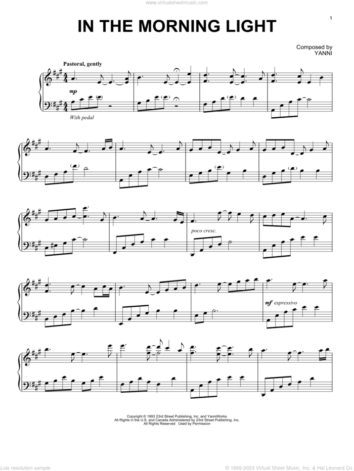 In The Morning Light sheet music for piano solo by Yanni, classical score, intermediate skill level