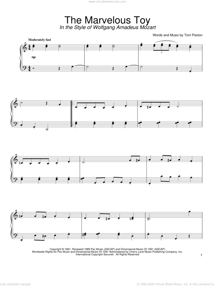 The Marvelous Toy (in the style of Mozart) (arr. David Pearl) sheet music for piano solo by Tom Paxton and David Pearl, intermediate skill level