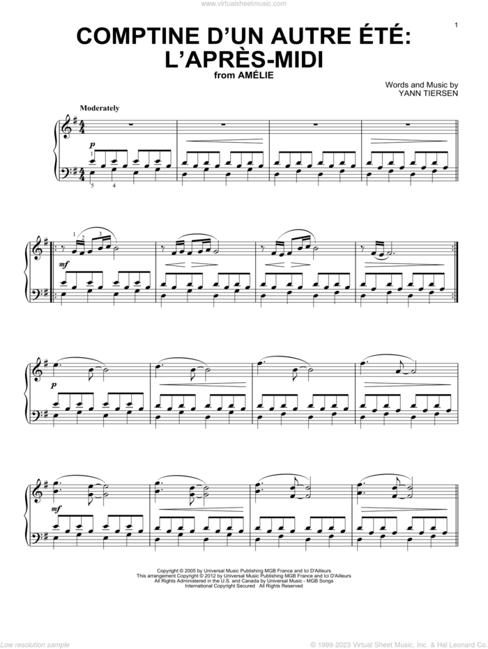 Comptine D'Un Autre Ete sheet music for piano solo by Yann Tiersen, classical score, intermediate skill level
