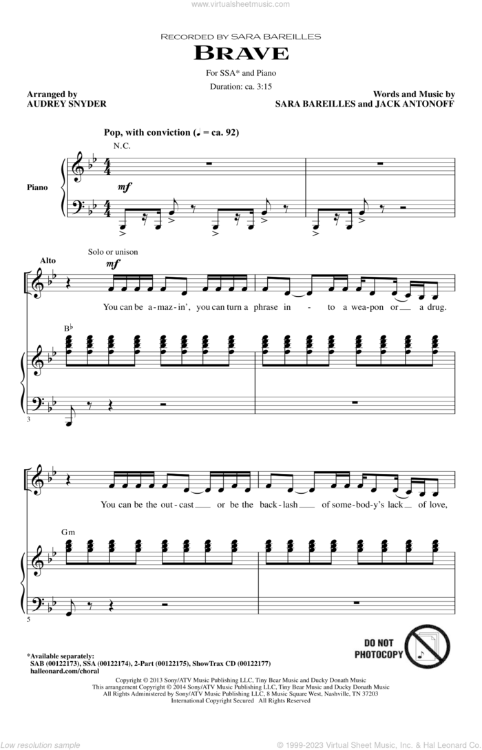 Brave (arr. Audrey Snyder) sheet music for choir (SSA: soprano, alto) by Audrey Snyder, Jack Antonoff and Sara Bareilles, intermediate skill level