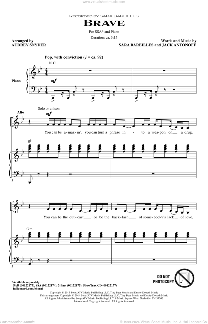 Brave (arr. Audrey Snyder) sheet music for choir (SSA: soprano, alto) by Audrey Snyder, Jack Antonoff and Sara Bareilles, intermediate skill level