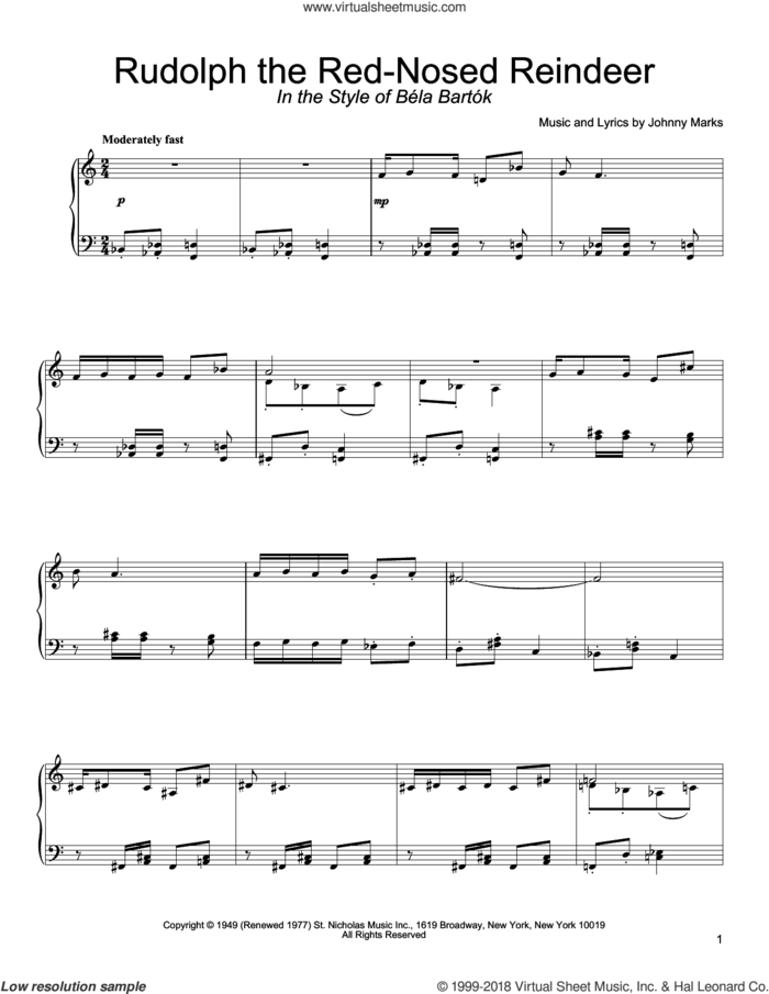 Rudolph The Red-Nosed Reindeer (in the style of Bela Bartok) (arr. David Pearl) sheet music for piano solo by Johnny Marks and David Pearl, intermediate skill level