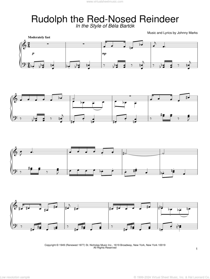 Rudolph The Red-Nosed Reindeer (in the style of Bela Bartok) (arr. David Pearl) sheet music for piano solo by Johnny Marks and David Pearl, intermediate skill level