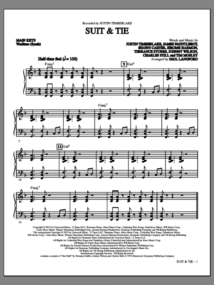 Suit and Tie (complete set of parts) sheet music for orchestra/band by Justin Timberlake, Charles Still, James Fauntleroy, Jerome Harmon, Johnny Wilson, Paul Langford, Shawn Carter, Terry Stubbs and Tim Mosley, intermediate skill level