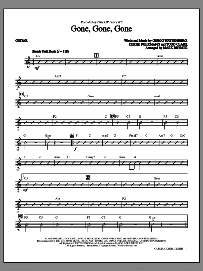 Gone, Gone, Gone (complete set of parts) sheet music for orchestra/band by Mark Brymer, Derek Fuhrmann, Gregg Wattenberg, Phillip Phillips and Todd Clark, intermediate skill level