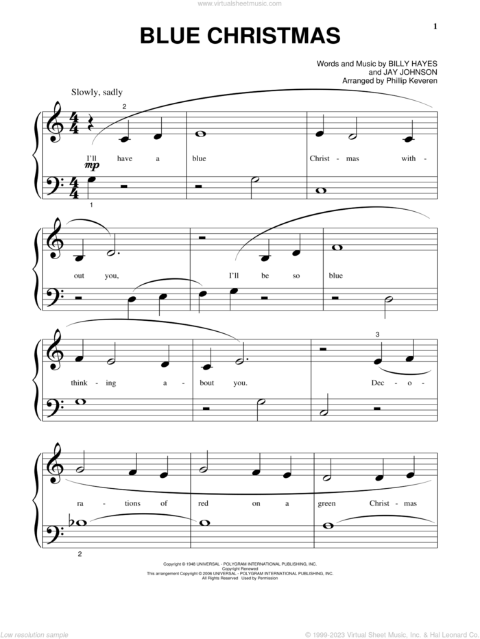 Blue Christmas (arr. Phillip Keveren), (beginner) (arr. Phillip Keveren) sheet music for piano solo by Elvis Presley, Phillip Keveren, Billy Hayes and Jay Johnson, beginner skill level