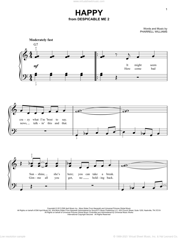 Happy, (beginner) sheet music for piano solo by Pharrell Williams and Pharrell, beginner skill level