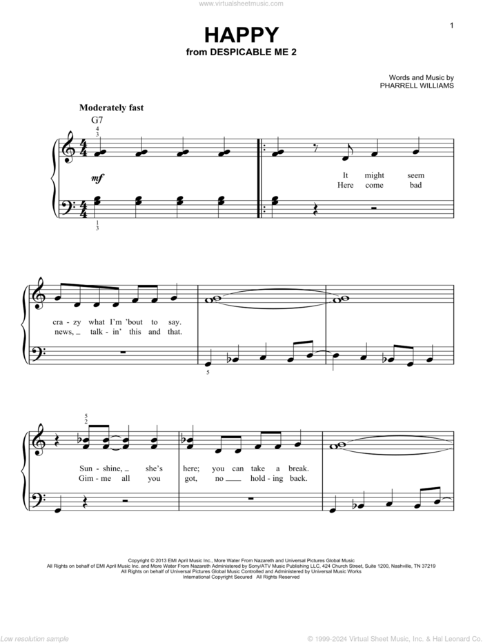 Happy sheet music for piano solo by Pharrell Williams and Pharrell, beginner skill level