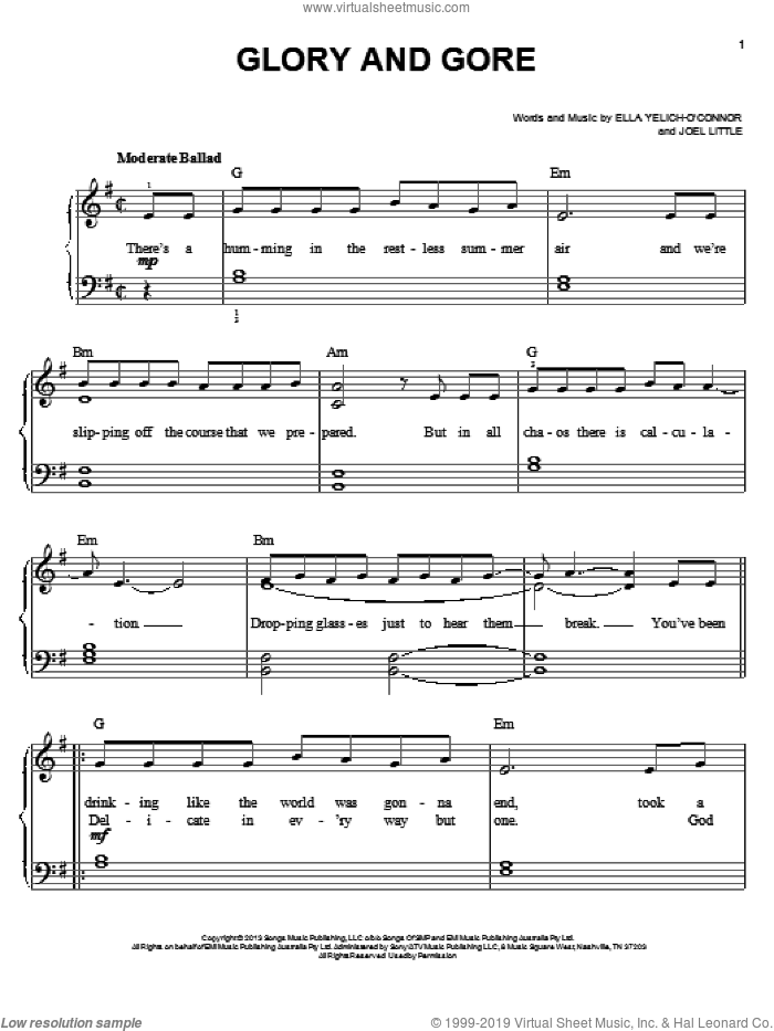 Glory And Gore sheet music for piano solo by Lorde and Joel Little, easy skill level