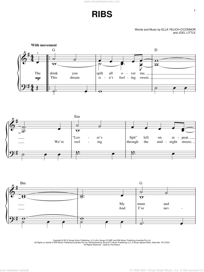 Ribs sheet music for piano solo by Lorde and Joel Little, easy skill level