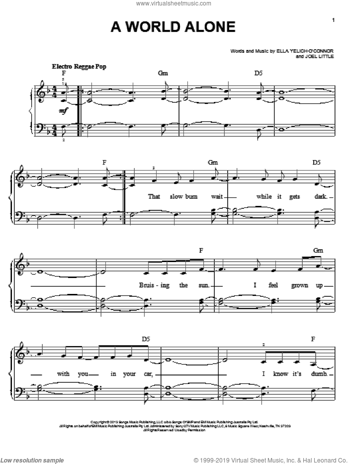 A World Alone sheet music for piano solo by Lorde and Joel Little, easy skill level