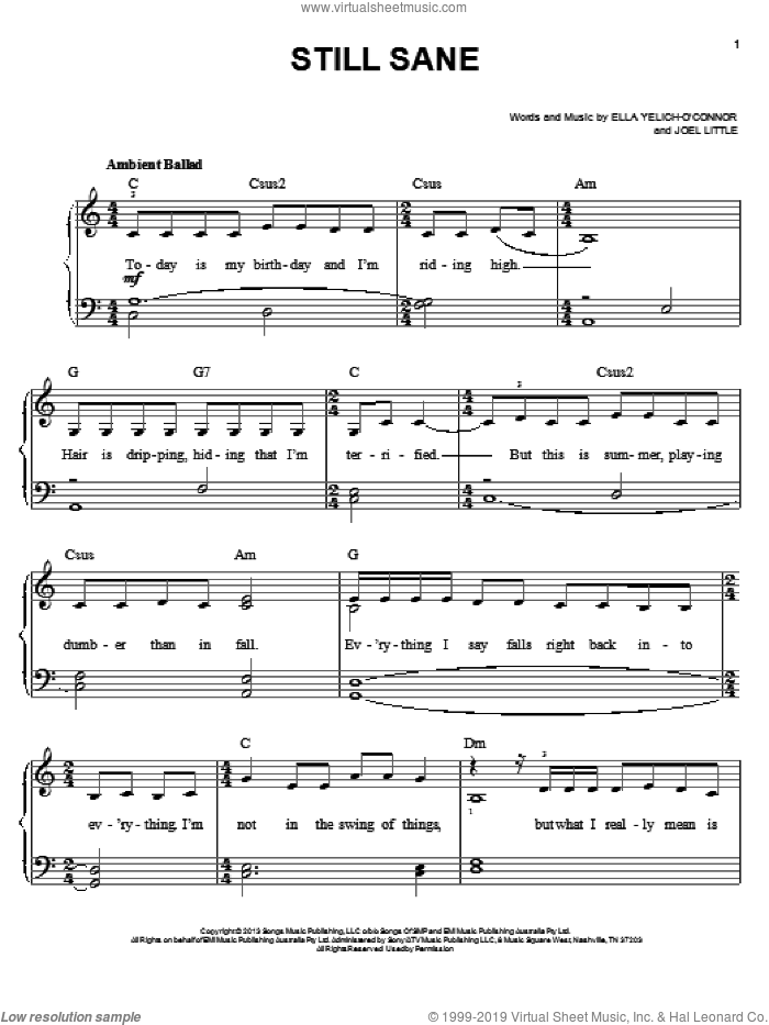 Still Sane sheet music for piano solo by Lorde and Joel Little, easy skill level