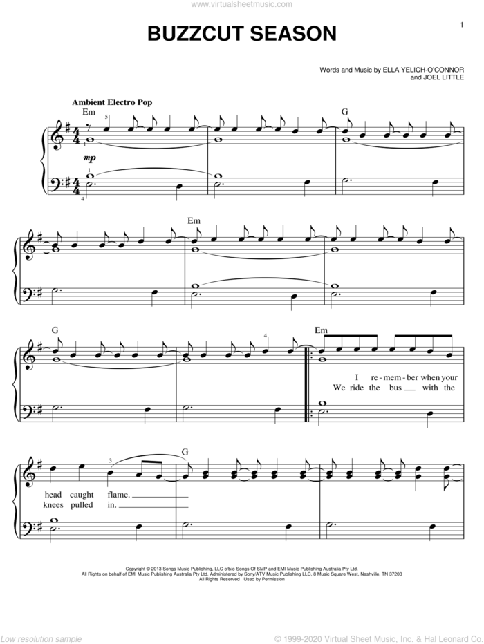 Buzzcut Season sheet music for piano solo by Lorde and Joel Little, easy skill level
