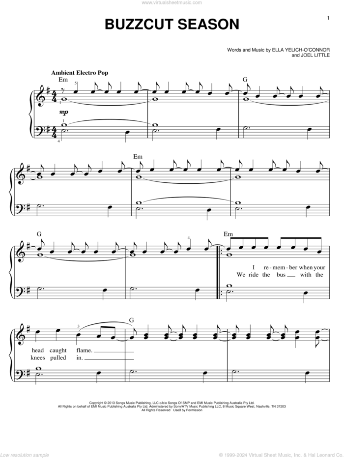 Buzzcut Season sheet music for piano solo by Lorde and Joel Little, easy skill level