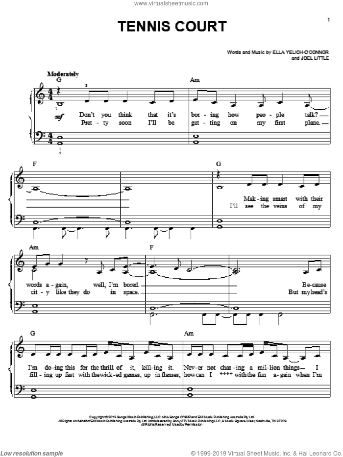 Tennis Court sheet music for piano solo by Lorde and Joel Little, easy skill level
