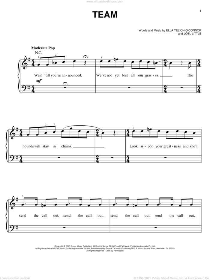 Team sheet music for piano solo by Lorde and Joel Little, easy skill level