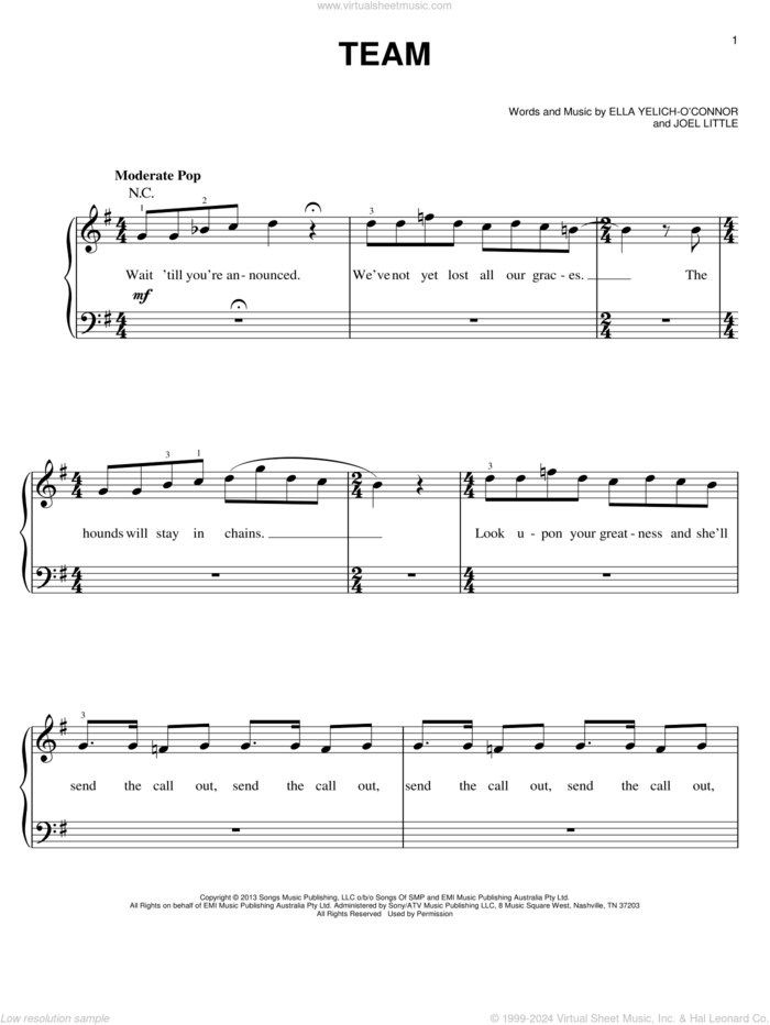 Team sheet music for piano solo by Lorde and Joel Little, easy skill level