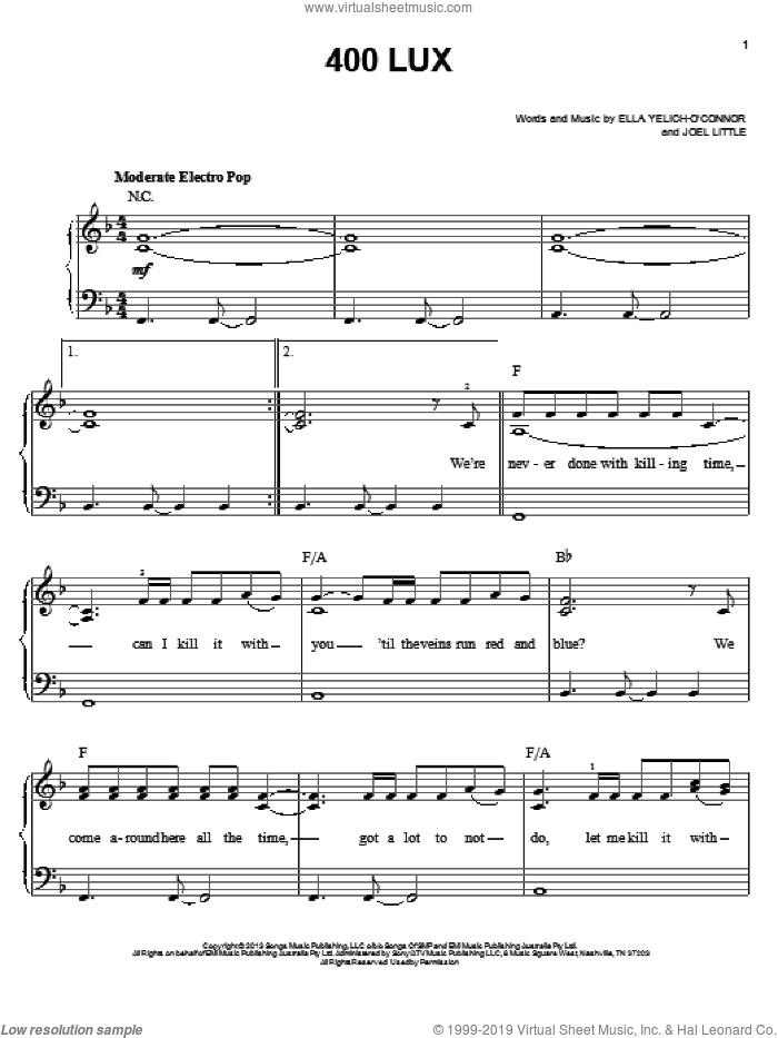 400 Lux sheet music for piano solo by Lorde and Joel Little, easy skill level