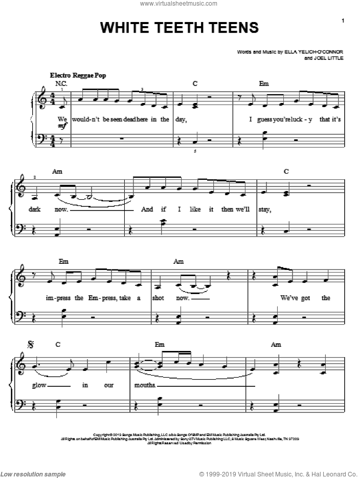 White Teeth Teens sheet music for piano solo by Lorde and Joel Little, easy skill level