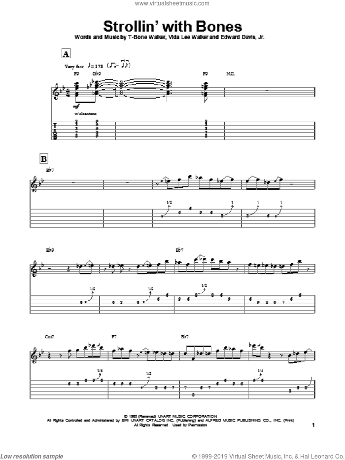 Strollin' With Bones sheet music for guitar (tablature, play-along) by Aaron 'T-Bone' Walker, Edward Davis, Jr. and Vida Lee Walker, intermediate skill level