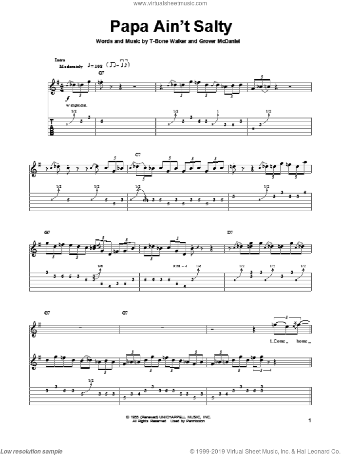Papa Ain't Salty sheet music for guitar (tablature, play-along) by Aaron 'T-Bone' Walker and Grover McDaniel, intermediate skill level