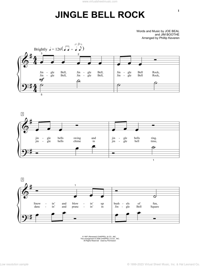 Jingle-Bell Rock (arr. Phillip Keveren) sheet music for piano solo by Bobby Helms, Phillip Keveren, Jim Boothe and Joe Beal, beginner skill level