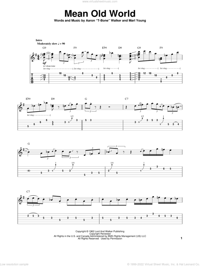 Mean Old World sheet music for guitar (tablature, play-along) by Aaron 'T-Bone' Walker and Marl Young, intermediate skill level