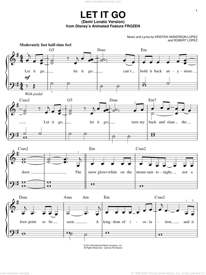 Let It Go (from Frozen) (Demi Lovato version) sheet music for piano solo by Demi Lovato, Kristen Anderson-Lopez and Robert Lopez, easy skill level
