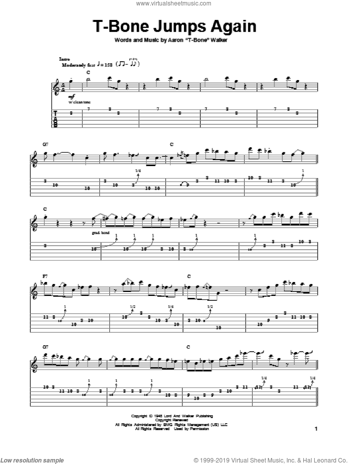 T-Bone Jumps Again sheet music for guitar (tablature, play-along) by Aaron 'T-Bone' Walker, intermediate skill level