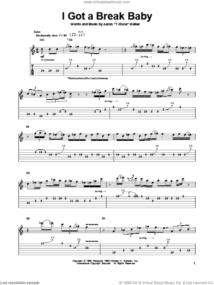 I Got A Break Baby sheet music for guitar (tablature, play-along) by Aaron 'T-Bone' Walker, intermediate skill level