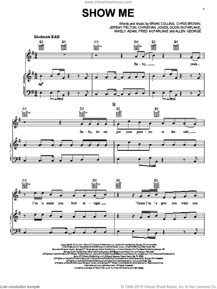 Show Me sheet music for voice, piano or guitar by Kid Ink Featuring Chris Brown, Chris Brown, Christian Jones, Dijon McFarlane, Fred McFarlane, Jeremy Felton, Kid Ink and Mikely Adam, intermediate skill level