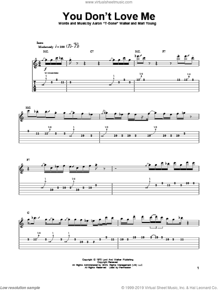 You Don't Love Me sheet music for guitar (tablature, play-along) by Aaron 'T-Bone' Walker and Marl Young, intermediate skill level