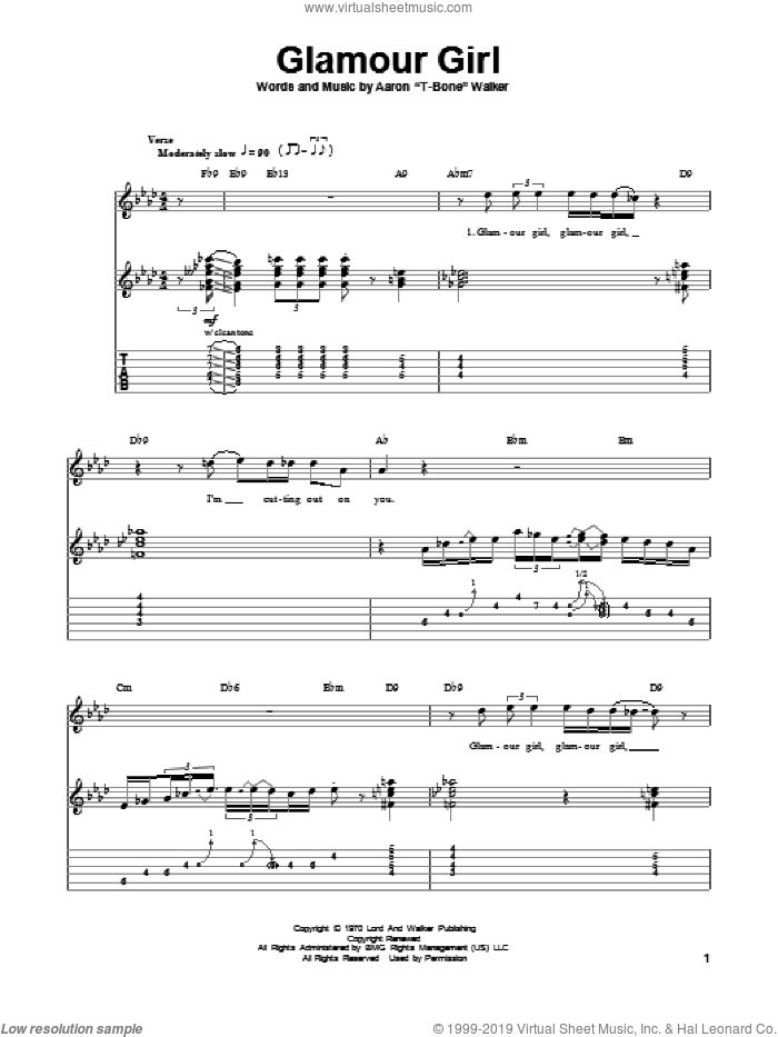 Glamour Girl sheet music for guitar (tablature, play-along) by Aaron 'T-Bone' Walker, intermediate skill level