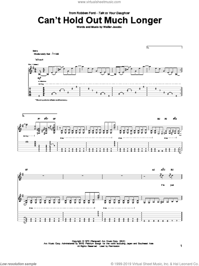 Can't Hold Out Much Longer sheet music for guitar (tablature) by Robben Ford, Little Walter and Walter Jacobs, intermediate skill level