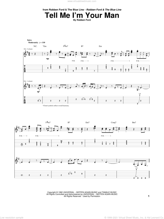 Tell Me I'm Your Man sheet music for guitar (tablature) by Robben Ford, intermediate skill level