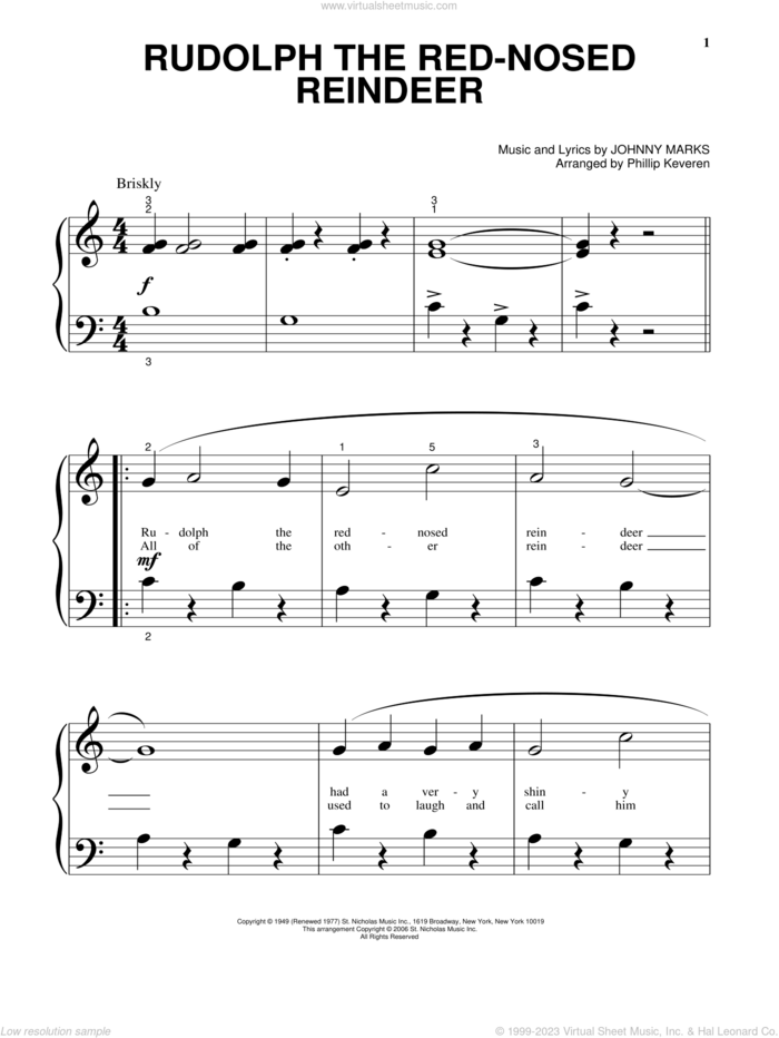 Rudolph The Red-Nosed Reindeer (arr. Phillip Keveren), (beginner) (arr. Phillip Keveren) sheet music for piano solo by Johnny Marks and Phillip Keveren, beginner skill level