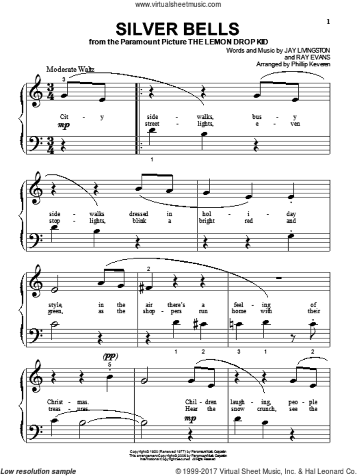 Silver Bells (arr. Phillip Keveren), (beginner) (arr. Phillip Keveren) sheet music for piano solo by Jay Livingston, Phillip Keveren and Ray Evans, beginner skill level