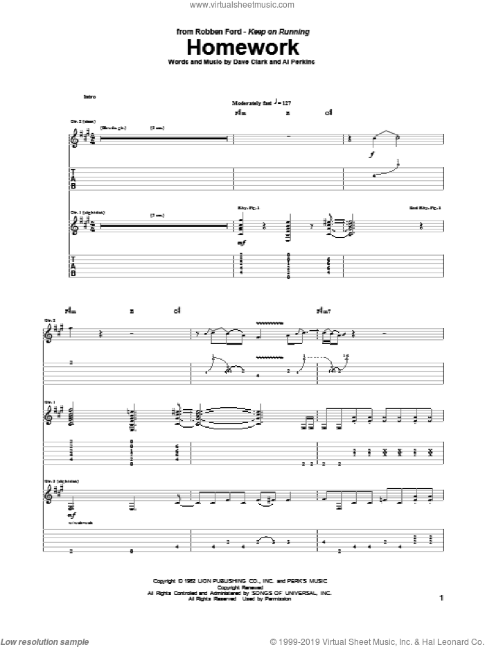 Homework sheet music for guitar (tablature) by Robben Ford, Al Perkins, Dave Clark and Otis Rush, intermediate skill level
